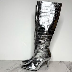Black Suede Studio Silver Leather Crocodile Pointy Toe Tall Boot 39